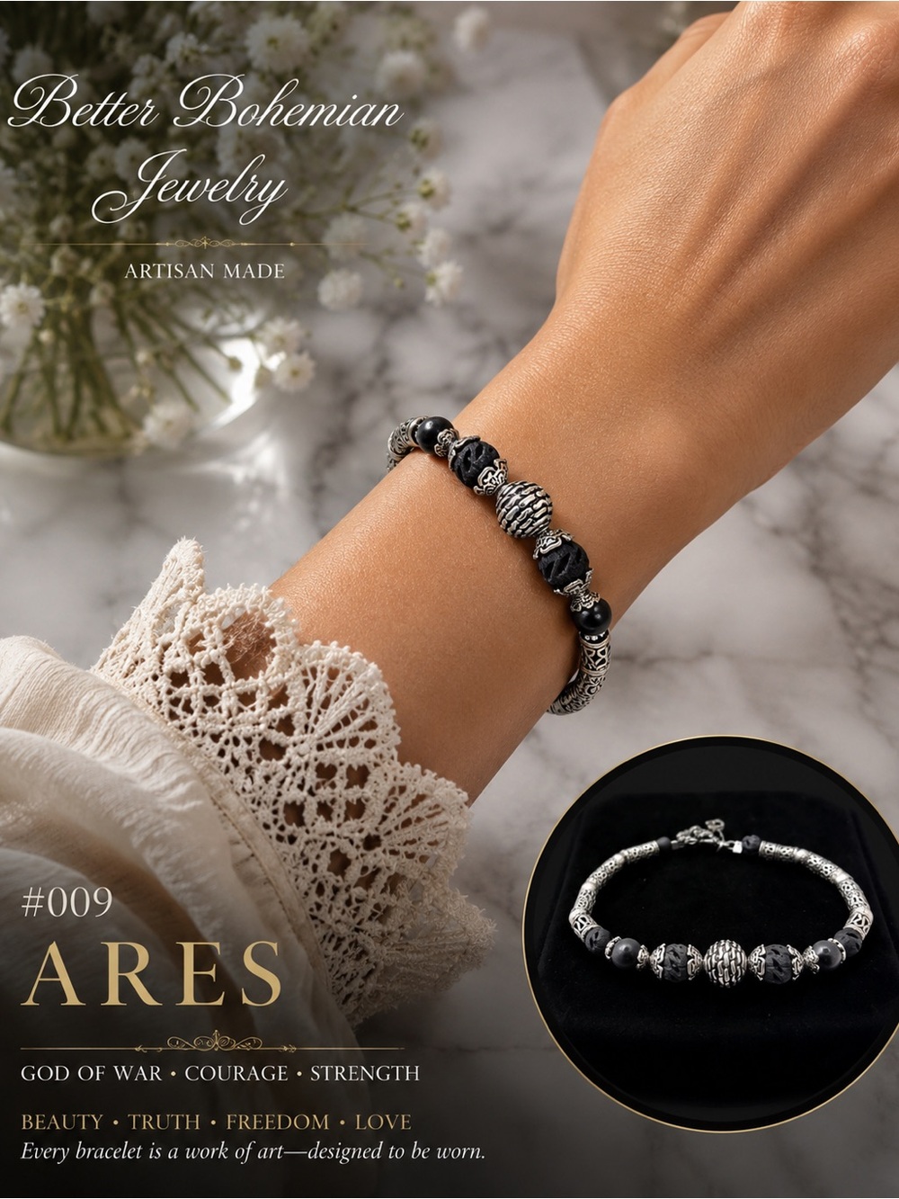 🥀ARES #009 Sterling Silver 925 Black Bracelet 7” Artisan Made🥀medium 🥀